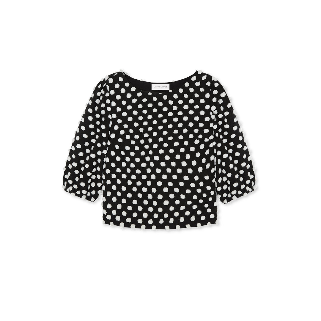 top, bateau neckline, puffed elbow-length sleeves, textured 3-dimensional dot pattern - lacson ravello