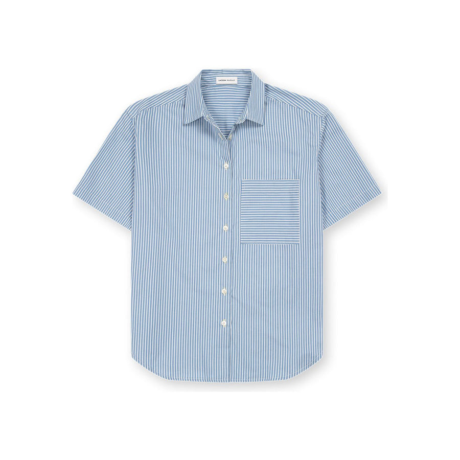 Women's Camp Shirt - Blue Stripe - Short Sleeve | Dress Shirt | Menswear | Button Front | Striped | Cotton | Collared