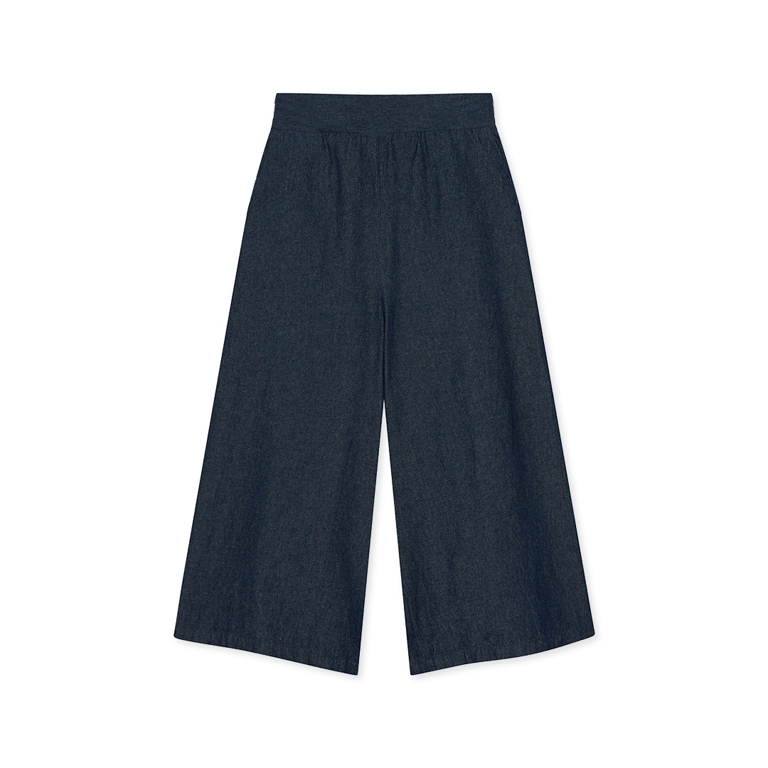 pants, dark denim, high waistband, elastic back, wide leg, below the knee - lacson ravello