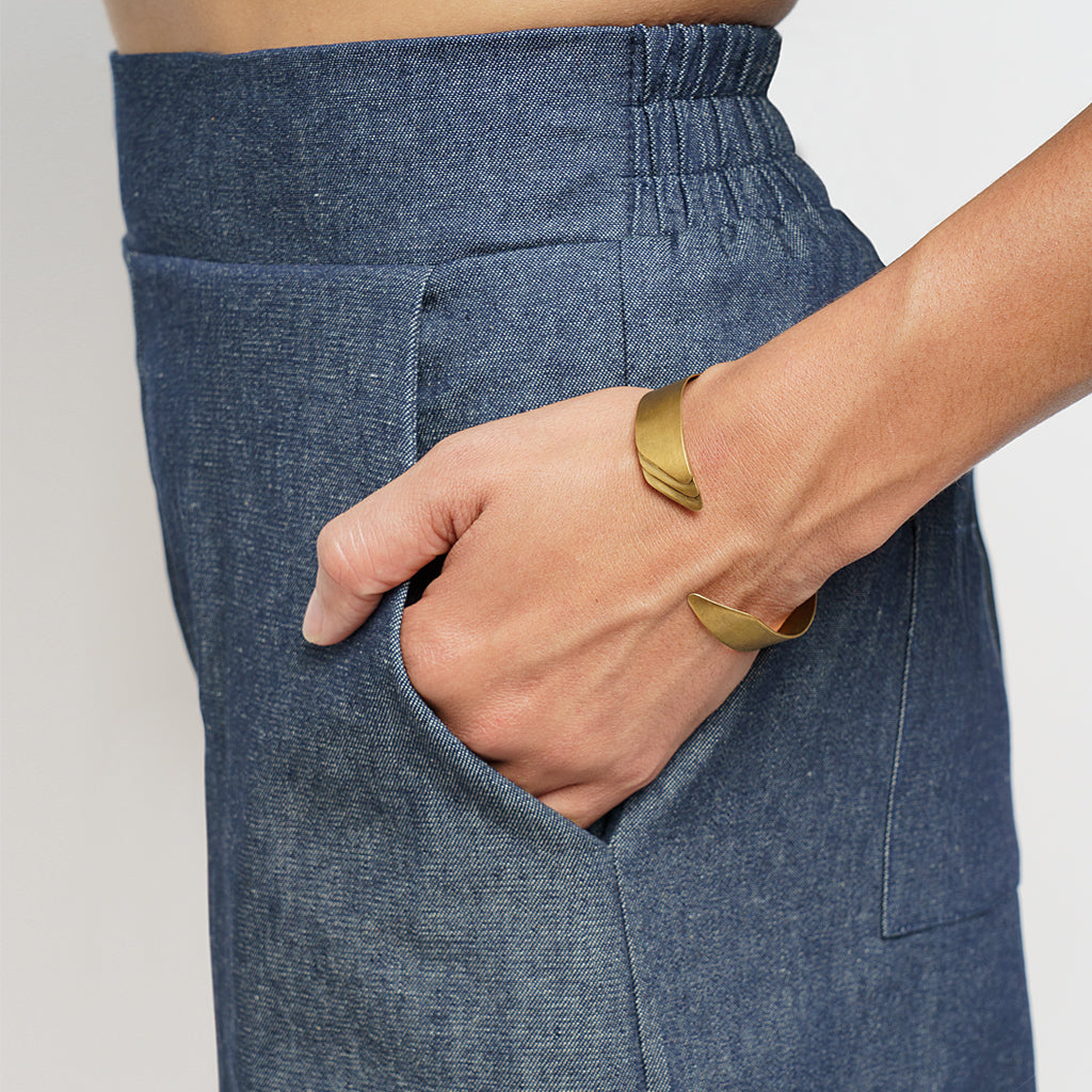 pants, dark denim, high waistband, elastic back, wide leg, below the knee - lacson ravello