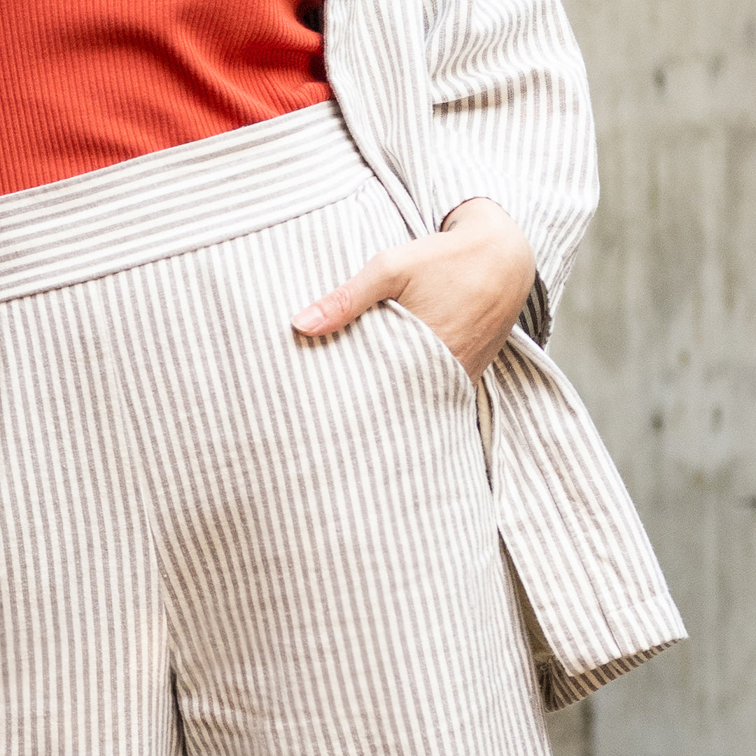 pants, organic cotton stripe, high waistband, elastic back, wide leg, below the knee - lacson ravello