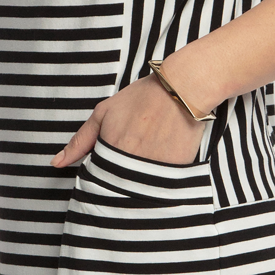 stripe, loose-fitting t-shirt dress, bateau neckline, elbow-length sleeves, and banded pockets - lacson ravello