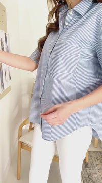 Short-Sleeved Pullover Shirt Blue Striped Cotton Poplin