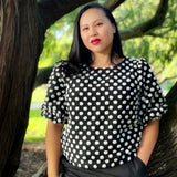 top, bateau neckline, puffed elbow-length sleeves, textured 3-dimensional dot pattern - lacson ravello